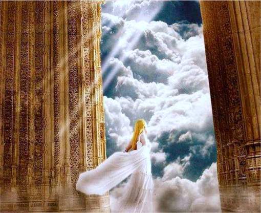 Ilustração de uma mulher chegando no céu