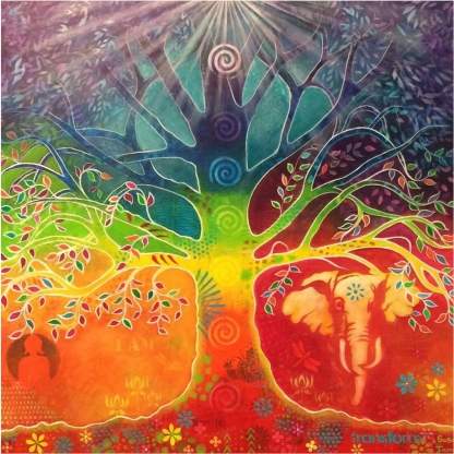 Ilustração de uma árvore com símbolos e animais em volta.